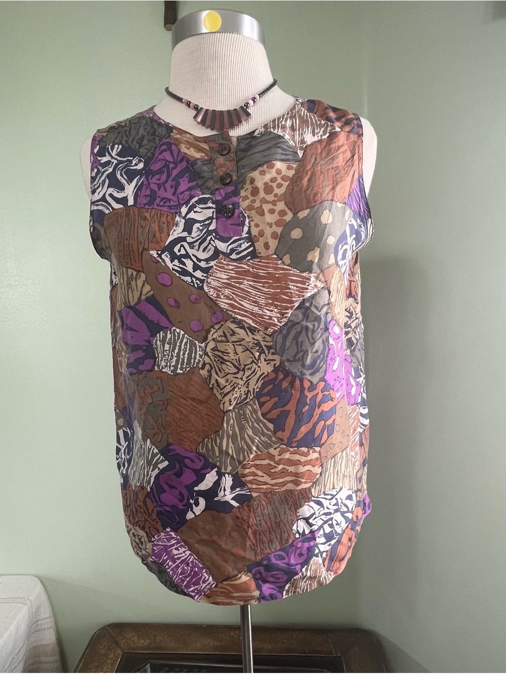 SilkLand Vintage 100% Pure Silk Women’s Patchwork Print Sleeveless Top Medium - Picture 2 of 9